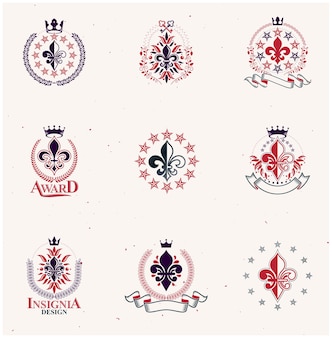 Simboli reali set di emblemi di fiori di giglio. collezione di elementi di design vettoriale araldico. etichetta in stile retrò, logo araldico.