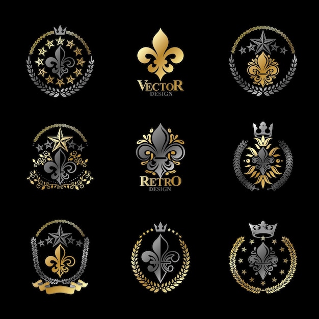 王室のシンボルユリの花のエンブレムが設定されています。紋章のベクトルのデザイン要素のコレクション。レトロなスタイルのラベル、紋章のロゴ。