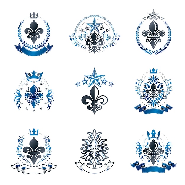 Vector royal symbols lily flowers emblems set. heraldic vector design elements collection. retro style label, heraldry logo.