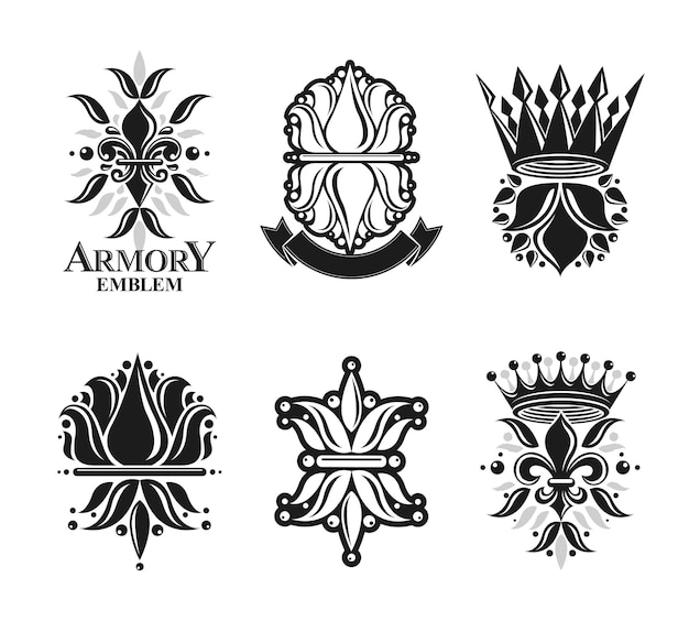 royal symbols lily flowers, floral and crowns, emblems set. heraldic vector design elements collection. retro style label, heraldry logo.