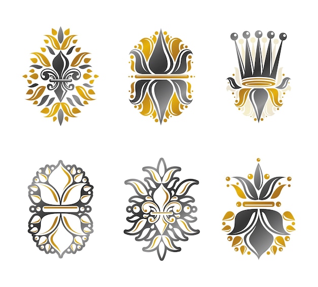 Королевские символы Цветы лилии, цветочные и короны, набор эмблем. Коллекция элементов геральдического векторного дизайна. Этикетка в стиле ретро, логотип геральдики.