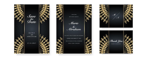 골든 만다라와 추상 패턴을 갖춘 로얄 화이트 블랙 골드 웨딩 초대 카드 디자인