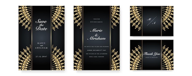 Royal white black gold wedding invitation card design with golden mandala and abstract pattern