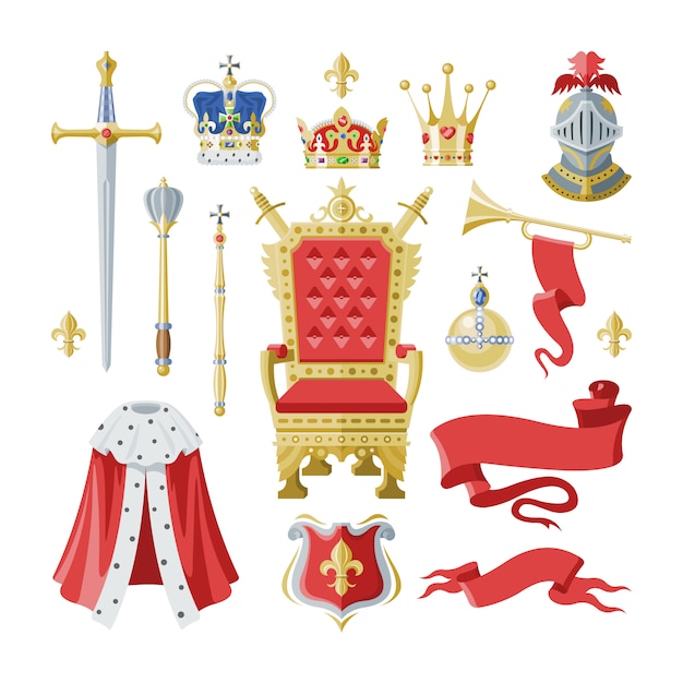 Vettore royalty royal golden crown simbolo del re regina e principessa illustrazione segno di incoronazione principe autorità set di elmo cavaliere e trono su sfondo bianco