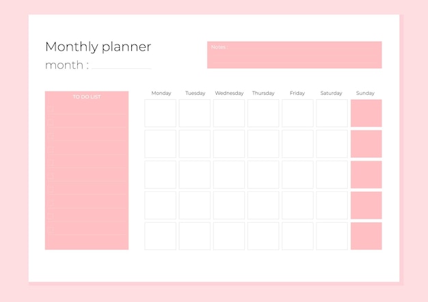 Vector roze 2023 maandelijkse planner kalendersjabloon minimalistische platte planner