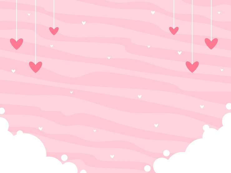 Vector roze achtergrond voor valentijnsdag met harten en abstracte lijnen en wolken