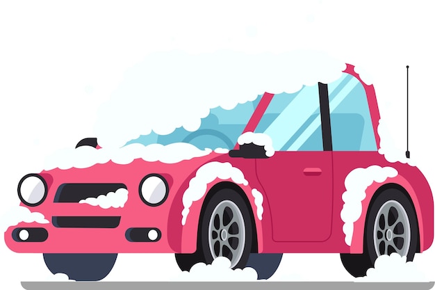 Roze auto bedekt met sneeuw op een winterweg die transportproblemen en extreme weersomstandigheden illustreert