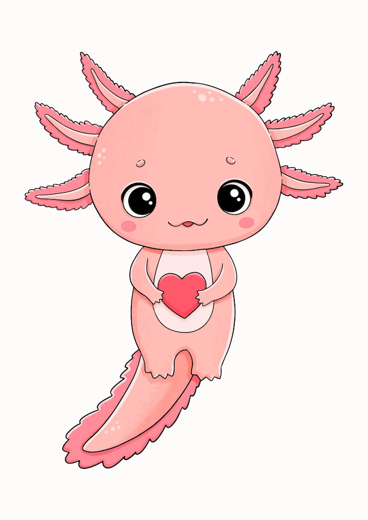 Vector roze axolotl met rood hart schattige vectorillustratie