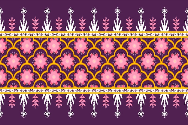 Roze bloem op paars geel geometrische etnische Oosterse patroon traditioneel ontwerp voor achtergrondtapijtwallpaperclothingwrappingBatikfabric vector illustratie borduurstijl