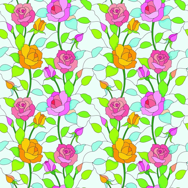 Vector roze bloemen in gebrandschilderd glas stijl naadloos patroon.