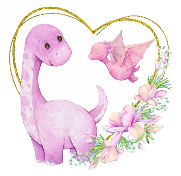 Vector roze dinosaurussen gouden frame hartvormige bloemen waterverf cartoon stijl clipart