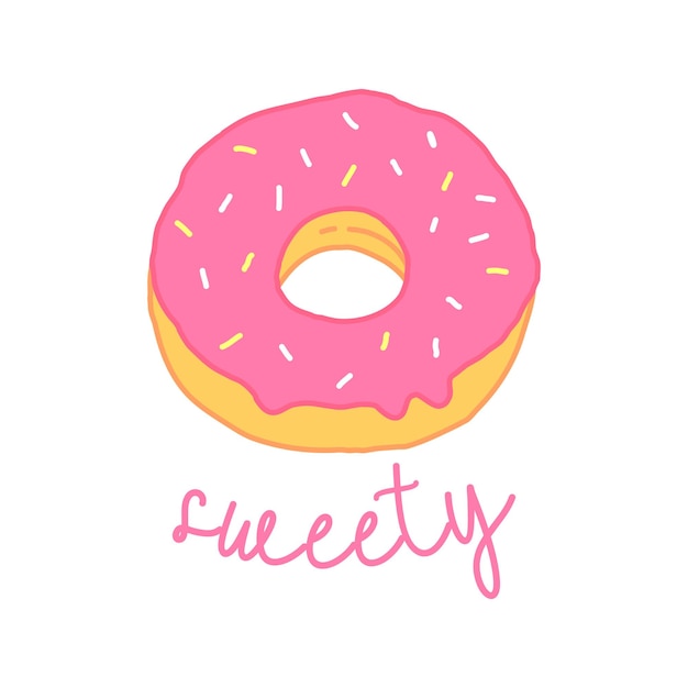 Roze donut in cartoon-stijl met de inscriptie sweety Donut poster geïsoleerde voedsel illustratie