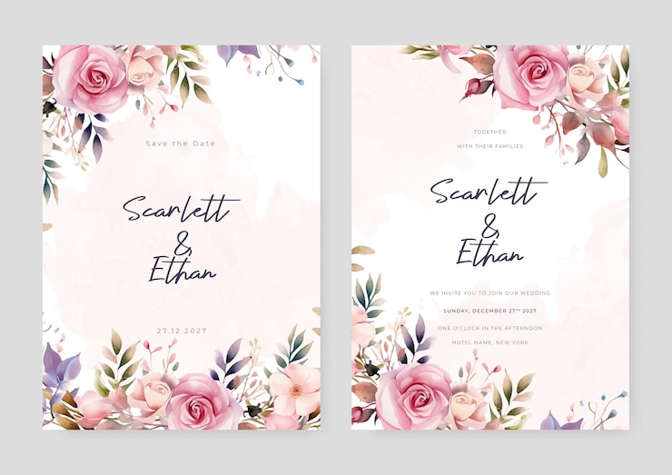 Vector roze en beige roos en cosmos vector bruiloft uitnodiging kaart set sjabloon met bloemen en bladeren waterverf
