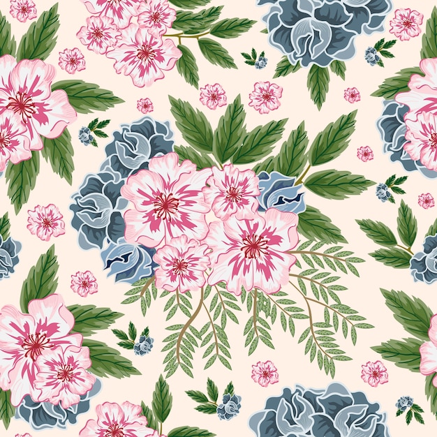 Roze en blauw bloem naadloos patroon