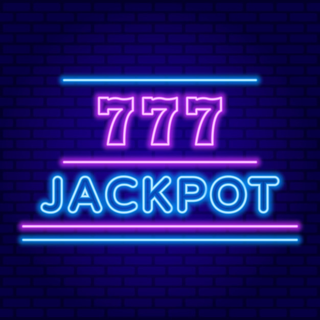 Roze en blauw neon 777 Jackpot-symbolen op donkere bakstenen muur vectorillustratie als achtergrond