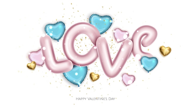 Roze en blauwe ballonnen in de vorm van harten roze metalen tekst liefde Valentijnsdag achtergrond