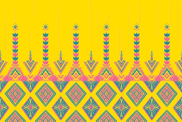 Roze en blauwe bloem op gele geometrische etnische Oosterse patroon traditioneel ontwerp voor achtergrondtapijtwallpaperclothingwrappingBatikfabric vector illustratie borduurstijl