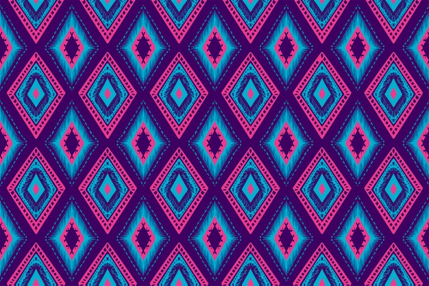 Roze en blauwe diamant op paarse geometrische etnische Oosterse patroon traditioneel ontwerp voor achtergrondtapijtbehangkledingverpakkingBatikstof vector illustratie borduurstijl