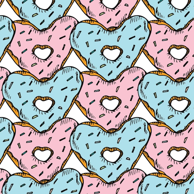 Roze en blauwe donuts op witte achtergrond naadloze patroon. Doodle handgetekende taarten