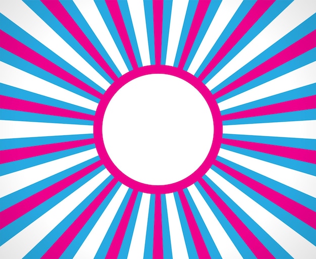 Roze en blauwe kleurrijke sunburst patroon achtergrond met badge stralen radiale zomer banner vector