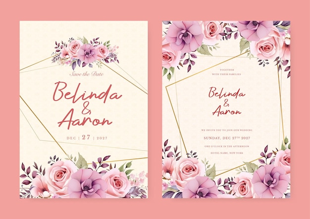 Vector roze en paarse violette roos bloemige bruiloft uitnodiging kaart sjabloon set met bloemen frame decoratie