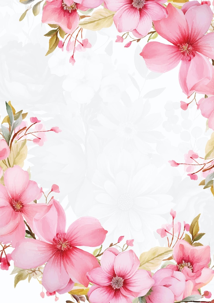 Vector roze en witte vectorframe met bladerenpatroon achtergrond met flora en bloemen