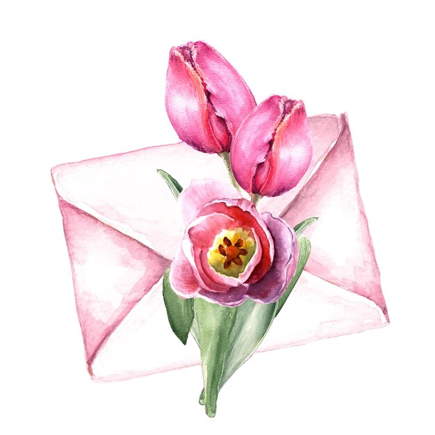 Roze envelop met een boeket roze tulpenbloemen Waterverf illustratie voor Valentijnsdag