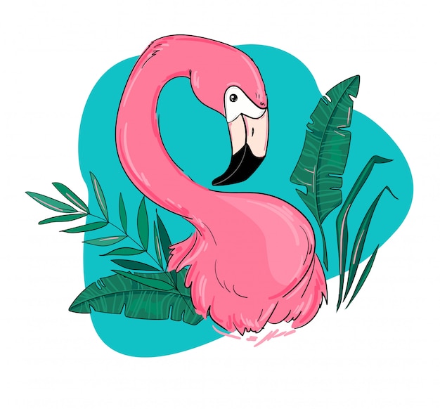 Roze flamingo en tropische bladeren illustratie.