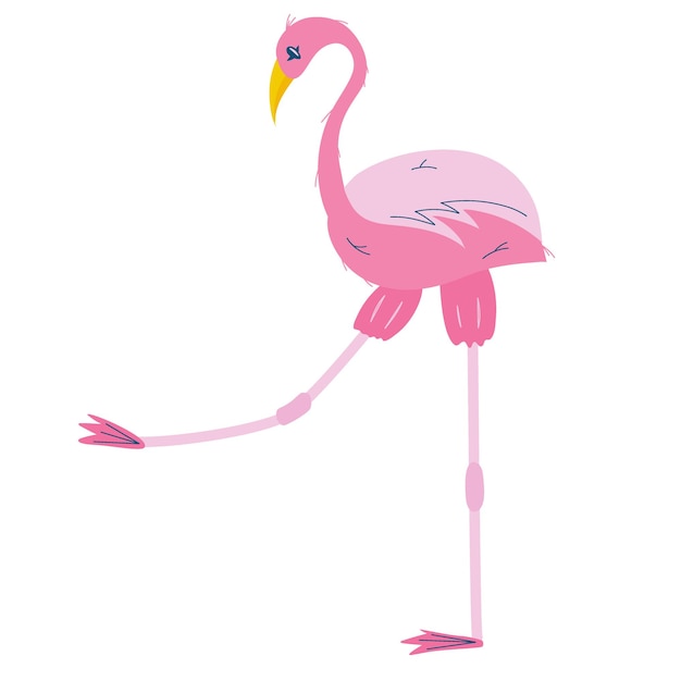 Roze flamingo geïsoleerd op een witte achtergrond Een tropische vogel met veren en een snavel staat op een long