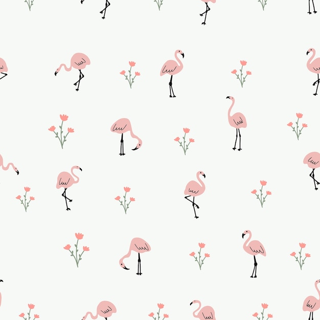 Vector roze flamingo met bloemen leuke kinderen printen vogels vector naadloos patroon