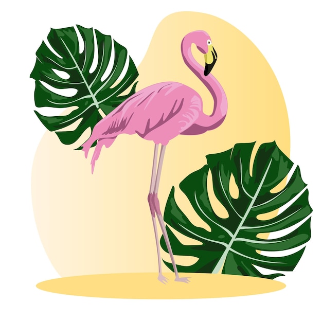 Vector roze flamingo met monsterabladeren voor ansichtkaart