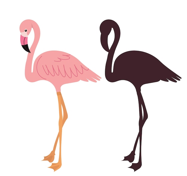 Vector roze flamingo met silhouet op witte achtergrond vector