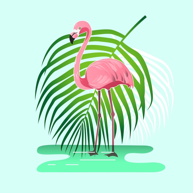 Roze Flamingo op een palmbladachtergrond