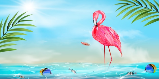 Roze flamingo, palmblad en zee achtergrond