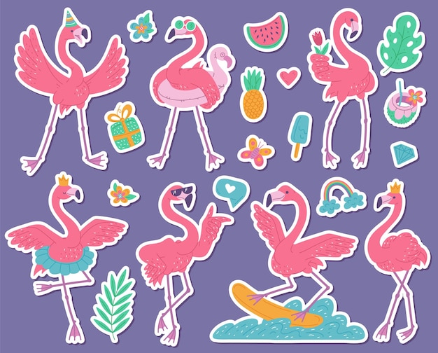 Roze flamingo's stickers set ballerina, feestvarken, surfer en prinses. afrikaanse vogels cartoon vlakke afbeelding.