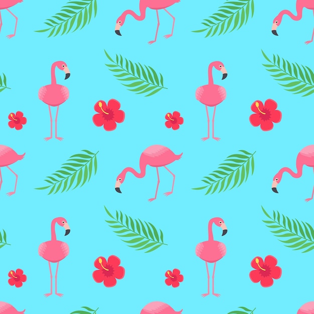 Roze flamingo-vogelpatroon met tropische bladeren en bloemen