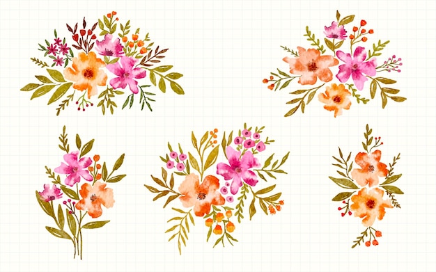 Roze geel oranje bloemstuk aquarel handgetekende collectie