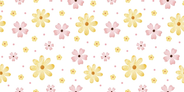 Roze gele wilde bloemen en stippen Waterverf met de hand getekend naadloos patroon van eenvoudige bloemen Leuke afdruk voor stof scrapbooking verpakking papier ontwerp van kaart