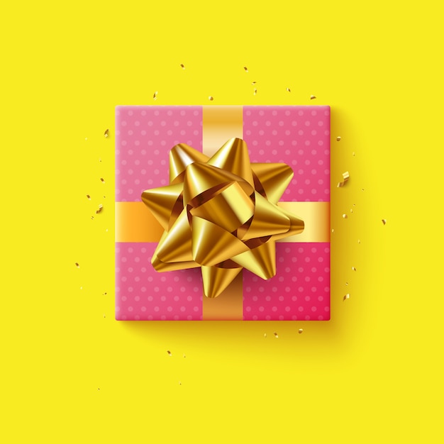 Vector roze geschenkdoos met gouden lint, bovenaanzicht, op gele achtergrond. illustratie