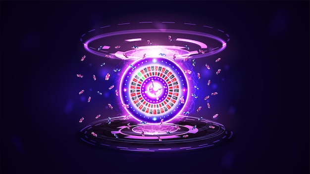 Roze glans neon casino roulette wiel met pokerfiches en hologram van digitale ringen in donkere lege scène