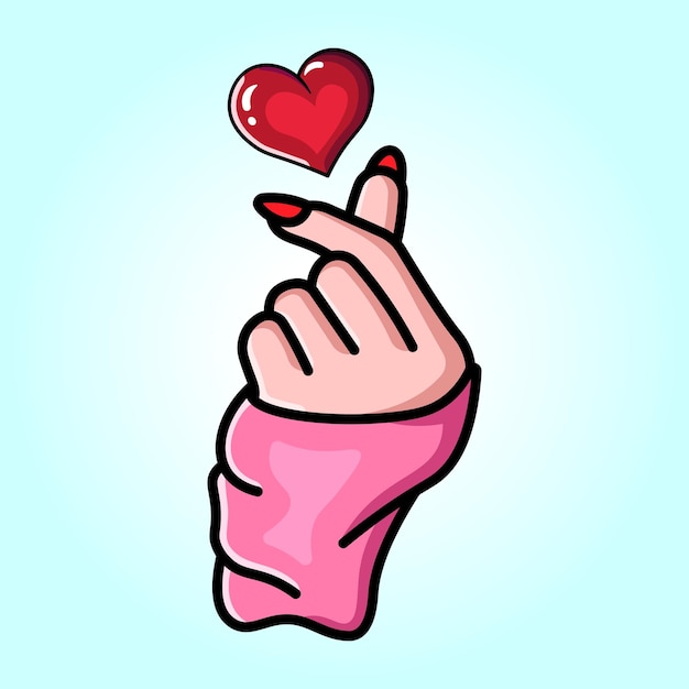 Roze hand vormt een hart gebaar met een rood hart daarboven