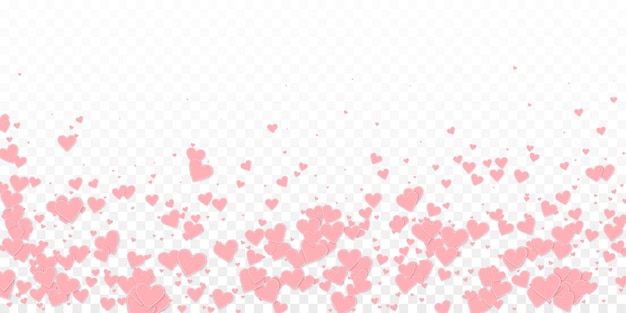 Roze hart liefde confetti. Valentijnsdag vallende regen emotionele achtergrond. Vallende gestikte papieren harten confetti op transparante achtergrond. Eminente vectorillustratie.