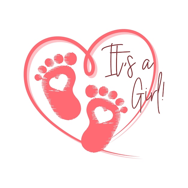 Vector roze hart met babyvoetafdrukken en de inscriptie it's a girl. pasgeboren baby icoon, symbool, print