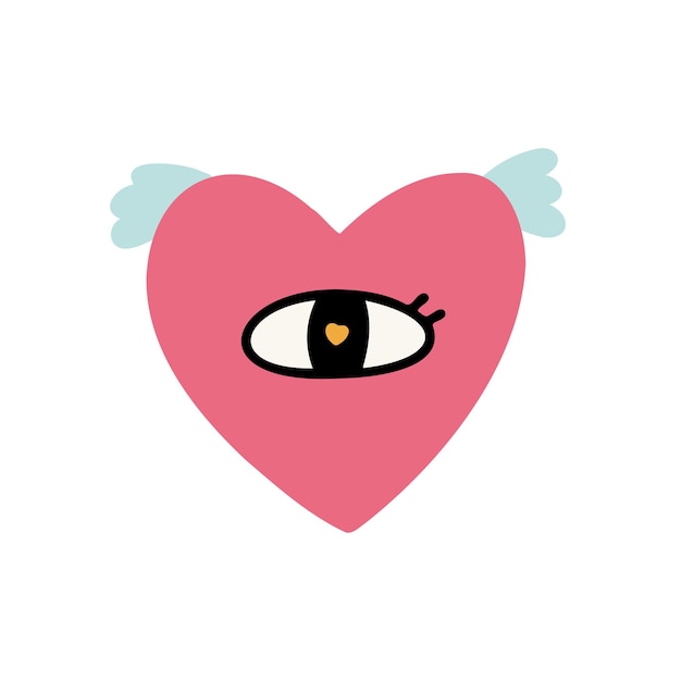 Roze hart met vleugels en oog Romantisch vector hand getrokken doodle element