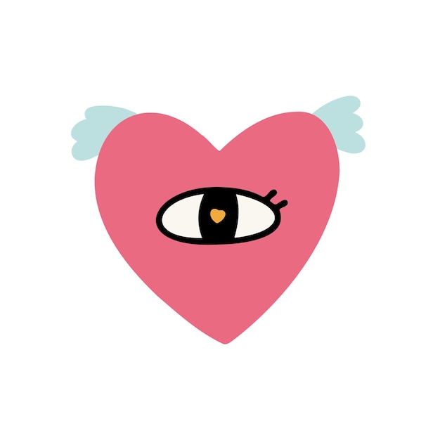 Vector roze hart met vleugels en oog romantisch vector hand getrokken doodle element