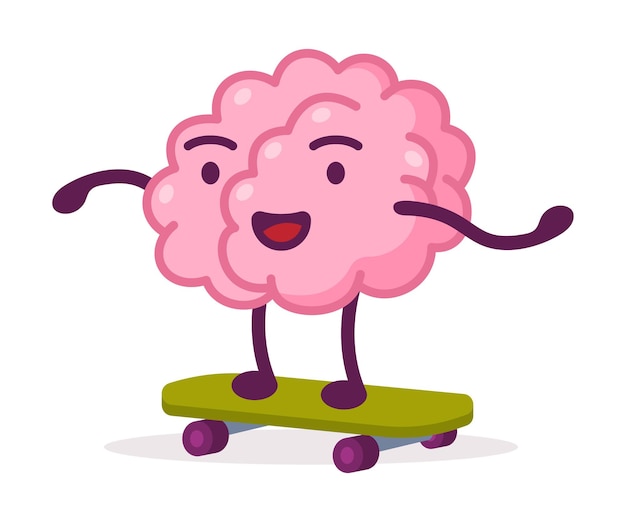 Roze hersenen skateboarden grappig menselijk zenuwstelsel orgaan cartoon personage vector illustratie