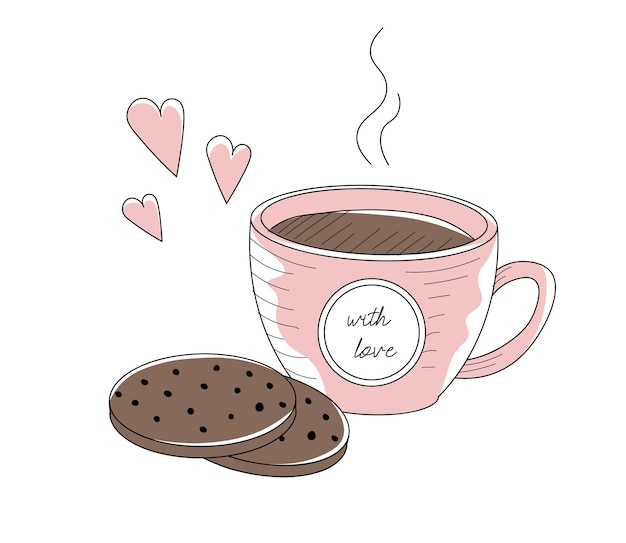 Roze kopje koffie met chocoladekoekjes en hartjes