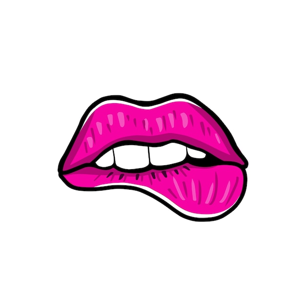 Roze lippen bijten lippen witte tanden mond mode hand getekende illustratie
