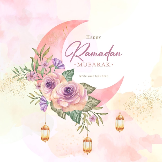 Vector roze maansikkel schilderij met roos ornament op ramadan mubarak wenskaart achtergrond