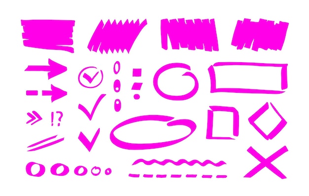 Roze marker highlighter vormen merken strepen wijzers Eenvoudige met de hand getekende bewerkbare ontwerpelementen